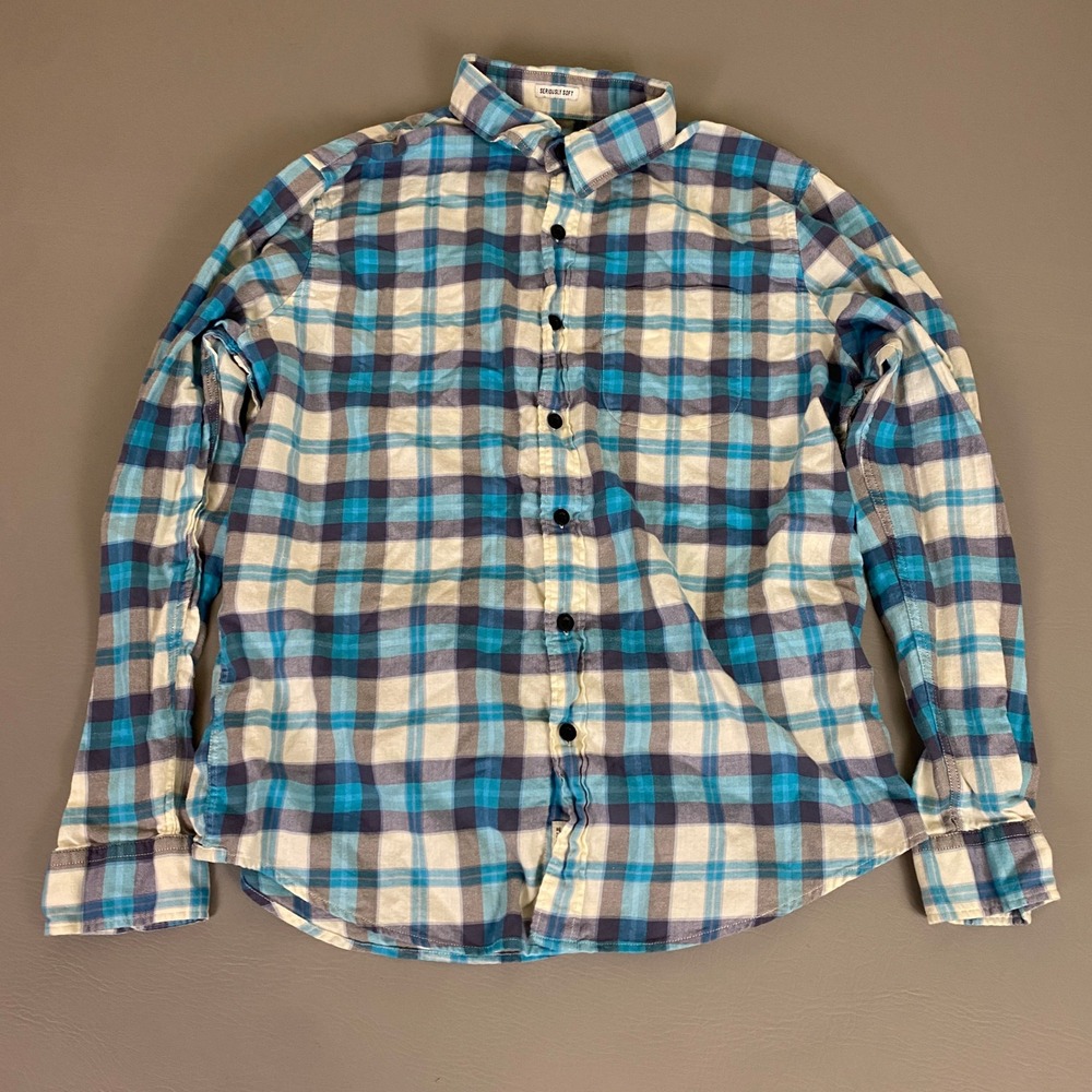 American Eagle Outfitters Flannel Shirt Men's Large Light Blue Plaid Long Sleeve
